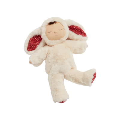 Olli Ella Christmas themed Cozy Dinkum Bunny with red ear and foot features
