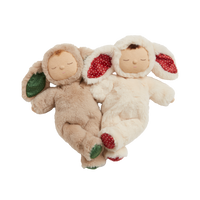 Olli Ella Christmas themed Cozy Dinkum Bunnys together red and green themed features