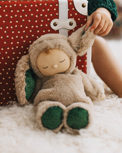 Olli Ella Christmas themed Cozy Dinkum Bunny with green themed features pictured with see-ya products