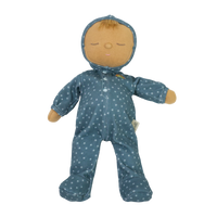 Gender-neutral posable plush doll with blue velvety onsie outfit. Perfectly weighted for cuddles and bedtime. Suitable toy from birth.