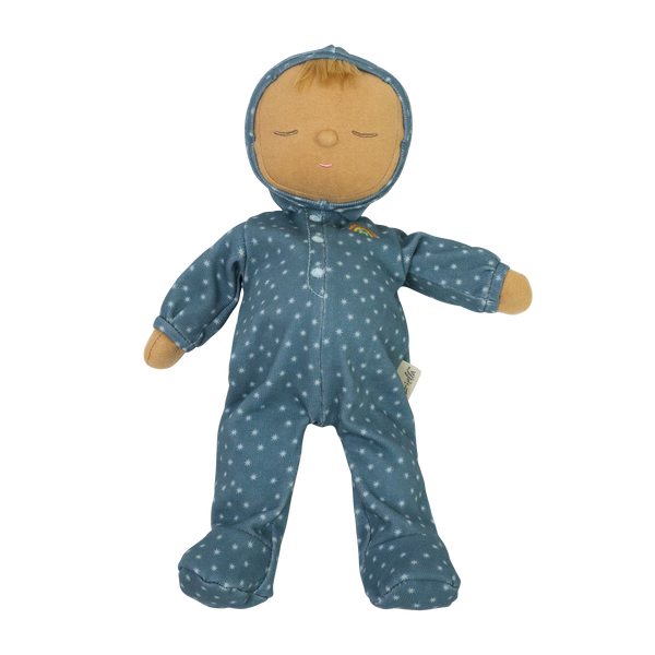 Gender-neutral posable plush doll with blue velvety onsie outfit. Perfectly weighted for cuddles and bedtime. Suitable toy from birth.