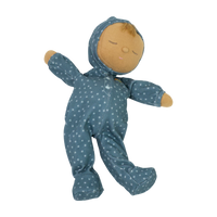 Gender-neutral posable plush doll with blue velvety onsie outfit. Perfectly weighted for cuddles and bedtime. Suitable toy from birth.