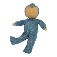 Dozy Dinkum doll with blue velvety onsie outfit. Perfectly weighted doll for calm. Plush doll with blonde hair, perfect for cuddling and interactive doll play.