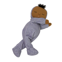 Gender-neutral posable plush doll with purple velvety onsie outfit. Perfectly weighted for cuddles and bedtime. Suitable toy from birth.