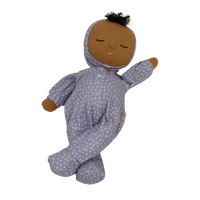 Gender-neutral posable plush doll with purple velvety onsie outfit. Perfectly weighted for cuddles and bedtime. Suitable toy from birth.