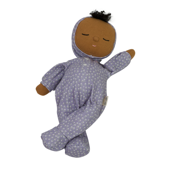 Gender-neutral posable plush doll with purple velvety onsie outfit. Perfectly weighted for cuddles and bedtime. Suitable toy from birth.