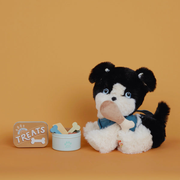 Dinkum Dog Sets - Goodie Set with a plush black and white Dinkum dog beside a treat tin and magnetic wooden bones in a food bowl