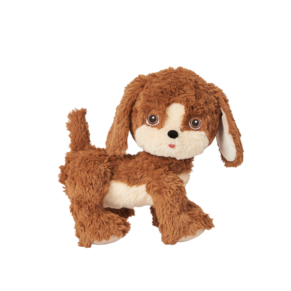 Plush dog toy with super soft fabric and velvety ears. Perfect for kids play and snuggles.