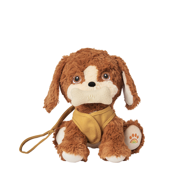 Posable soft plush dog toy with movable head and body parts.