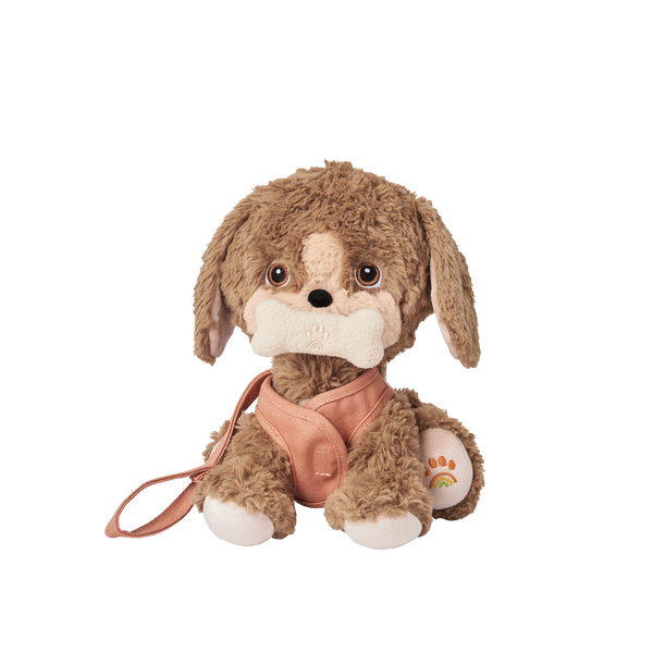 Posable soft plush dog toy with movable head and body parts.