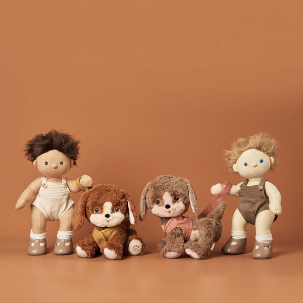 Plush dog toy with super soft fabric and velvety ears. Perfect for kids play and snuggles.