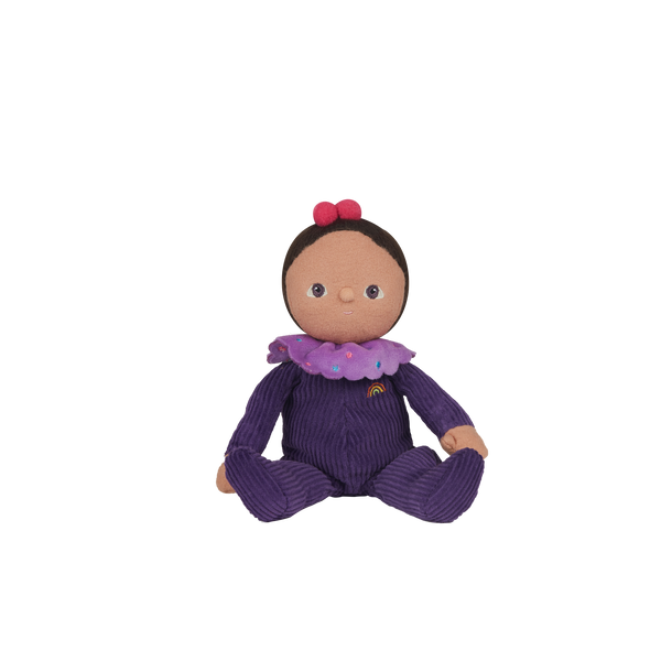 Limited-edition, palm sized, collectable corduroy kids plush toy. Freya Fondant is a purple weighted plush toy in a velvet onsie, perfect for imaginative kids play.