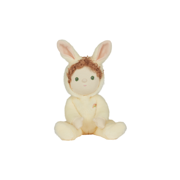 A soft, cuddly plush bunny toy with a yellow-colored coat, perfect for small hands and imaginative play. Perfectly weighted and collectable easter-themed plush toy.