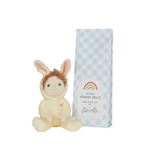 A soft, cuddly plush bunny toy with a yellow-colored coat, perfect for small hands and imaginative play. Perfectly weighted and collectable easter-themed plush toy.