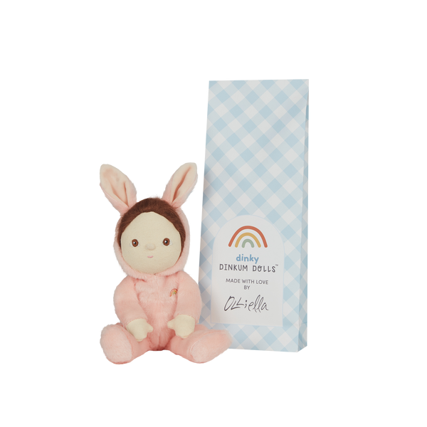 A soft, cuddly plush bunny toy with a pink-colored coat, perfect for small hands and imaginative play. Perfectly weighted and collectable easter-themed plush toy.