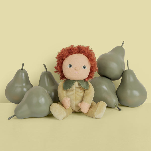 A limited-edition palm-sized plush toy, perfectly weighted in all the right places, and outfitted in a snuggly plush velvety Pear suit.