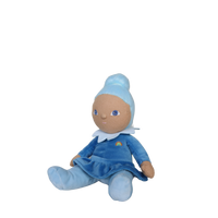 Plush toy with blue outfit and hat on a white background