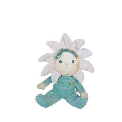 Plush toy resembling a flower with a face, wearing a green outfit on a white background