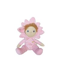 Pink plush toy with flower design on a white background