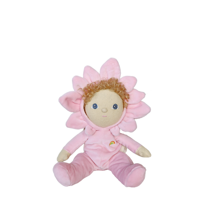 Pink plush toy with flower design on a white background
