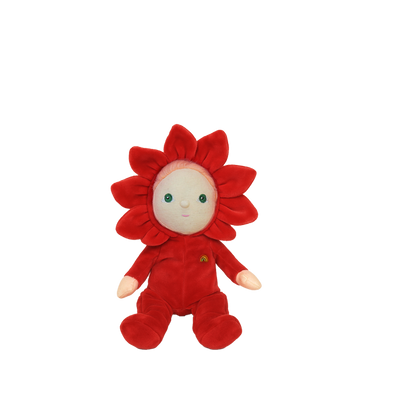 Red plush toy with a flower design on a white background