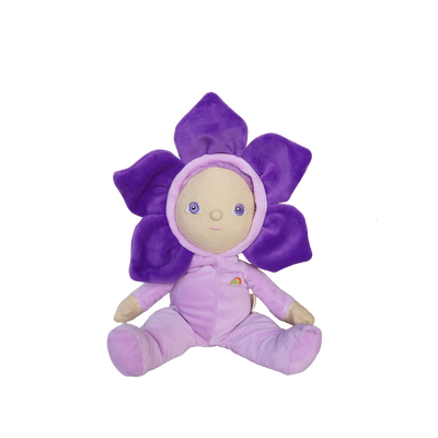 Purple plush toy with flower-like design on a white background