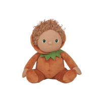 Perry Pumpkin, the charming limited-edition collectable pumpkin plush toy. A posable plush doll with gentle weighting inside, dressed in a soft, non-removable velvet onesie. Collect all Happy Harvest friends.