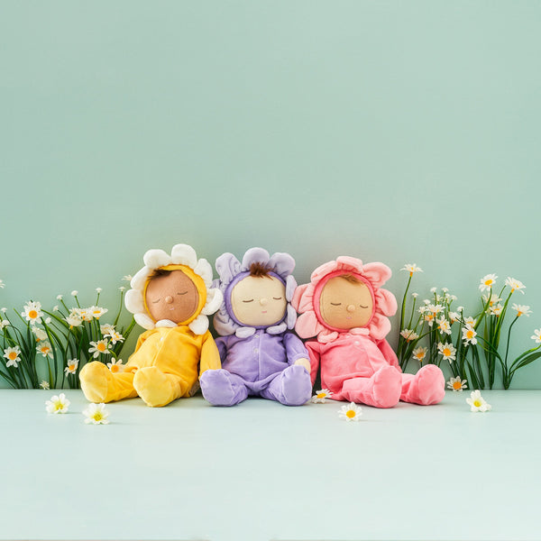 Charming Pickle Lavender Dozy Dinkums plush flower doll by Olli Ella. Ideal for imaginative play and comfort, crafted from durable, child-friendly fabrics.