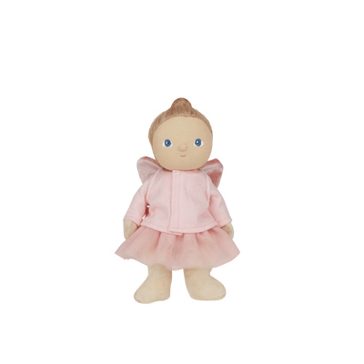 Stuffed doll with a pink outfit on a white background