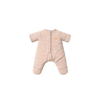 Pink baby snowsuit with rainbow design on a white background