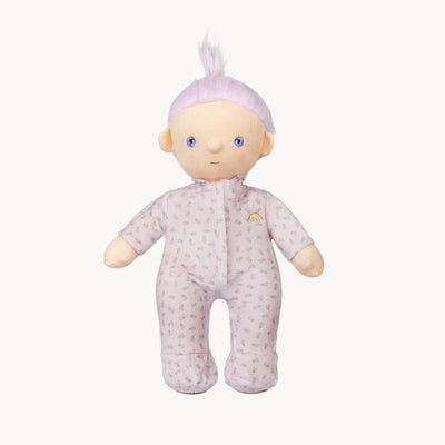 Dinkum PJs Sweetheart lilac printed one piece doll clothing shown on a soft doll from Dinkum Dolls by Olli Ella
