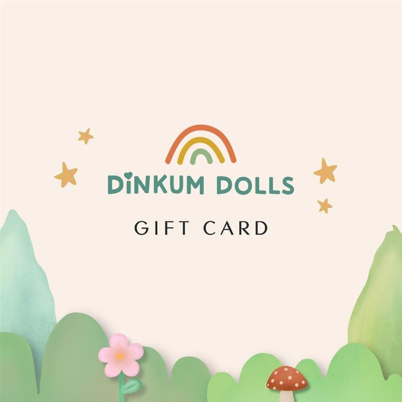 Dinkum Dolls gift card with a rainbow, stars, and nature elements on a light beige background.