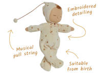Beautiful plush doll, posable and perfectly weighted for calm. The Lullaby Lyra includes a pompom on their bonnet that plays a sleepy tune when pulled. This doll is suitable from birth.