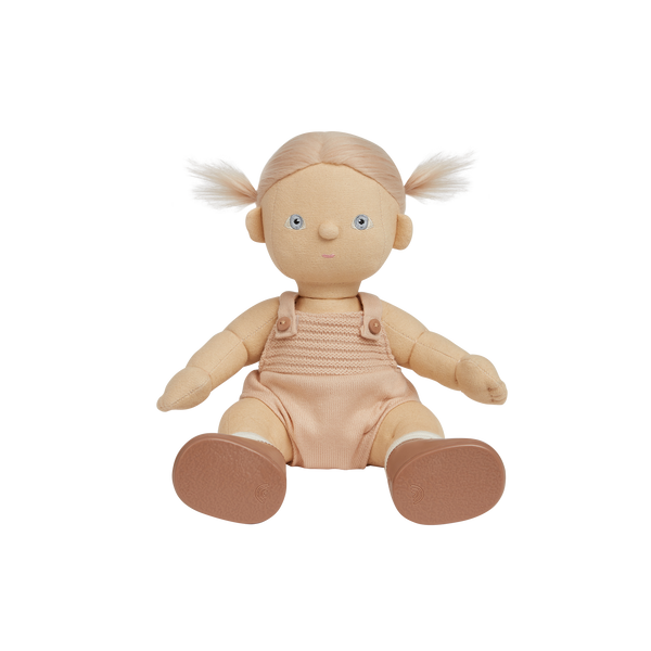 Strawberry blonde haired, posable doll for kids. Snuggle them, dress them up and style their hair. Each Doll comes with its own removable gender-neutral outfit, socks, nappy, and shoes, perfect for interactive doll play.
