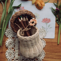 Handwoven rattan mushroom storage basket with six hand-carved coloured pencils. Watch little ones create beautiful drawings with the easy-hold pencile. 