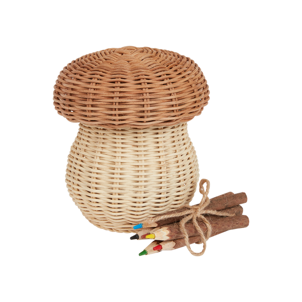 The Porcini Mushroom Basket is handwoven from 100% Rattan. The set includes 1x mushroom basket and six hand-carved coloured pencils. Watch little ones create beautiful art with the easy-hold pencils.