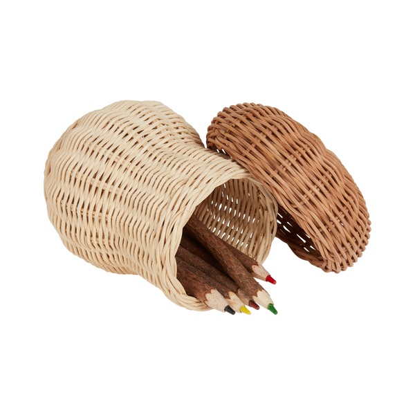 Handwoven rattan mushroom storage basket with six hand-carved coloured pencils. Watch little ones create beautiful drawings with the easy-hold pencile. 