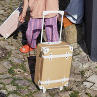 The ultimate kids travel suitcase. Yellow suitcase for kids holidays, with straps to carry their favourite doll / toy.