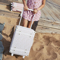 The ultimate kids travel suitcase. Mushrrom print suitcase for kids holidays, with straps to carry their favourite doll / toy.