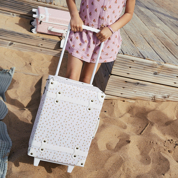 The ultimate kids travel suitcase. Mushrrom print suitcase for kids holidays, with straps to carry their favourite doll / toy.