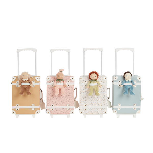 Kids travel suitcase in mushroom print. The perfect kids suitcase for holidays with compartments for dolls and trinkets.