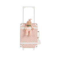 Kids travel suitcase in pink daisy print. The perfect kids suitcase for holidays with compartments for dolls and trinkets.