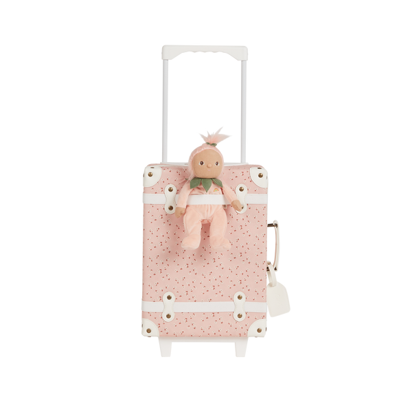 Kids travel suitcase in pink daisy print. The perfect kids suitcase for holidays with compartments for dolls and trinkets.