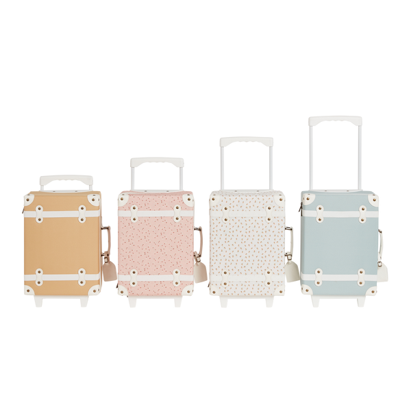 Kids travel suitcase in pink daisy print. The perfect kids suitcase for holidays with compartments for dolls and trinkets.