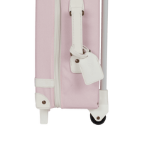 Charming pink kids travel suitcase by Olli Ella. Ideal for children's travel, with a spacious interior and playful colours. Constructed from recycled plastic bottles