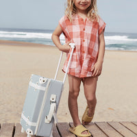 Kids travel suitcase in baby blue colour. The perfect kids suitcase for holidays with compartments for dolls and trinkets.