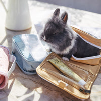 Olli Ella Kids See-Ya Wash Bag - Butterscotch, a water-resistant travel wash bag with zip compartments, shown open with a plush bunny inside.