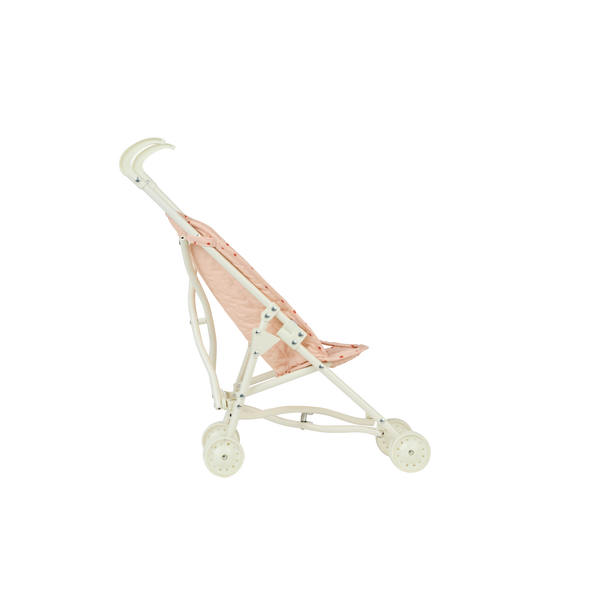 kids doll pram in pink strawberry print.